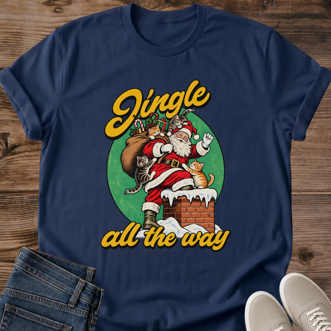 Navy Jingle All the Way Christmas cat graphic tee featuring vintage-style Santa and cats artwork