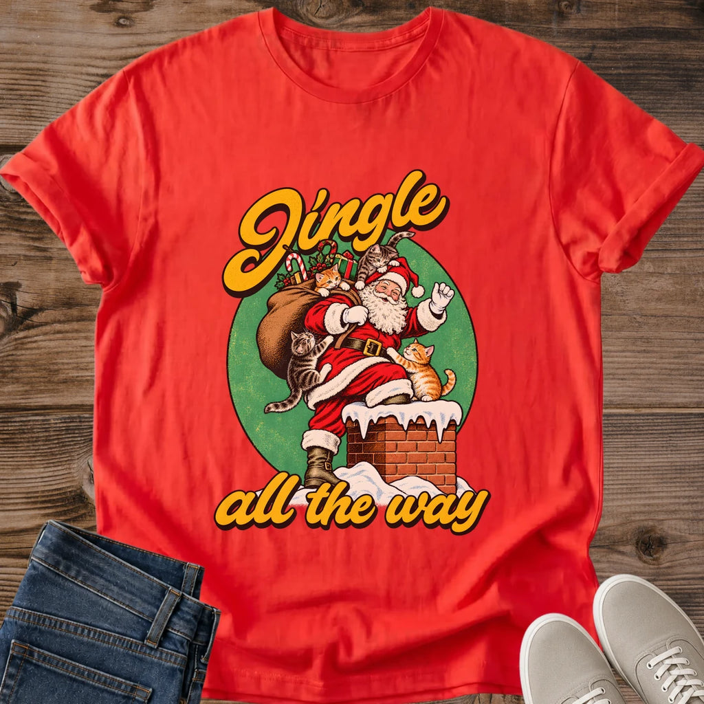 Red Jingle All the Way Christmas cat shirt with nostalgic Santa and cats holiday illustration