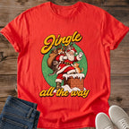 Red Jingle All the Way Christmas cat shirt with nostalgic Santa and cats holiday illustration
