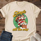 Sand Jingle All the Way Christmas cat graphic T-shirt with nostalgic Santa and cats illustration