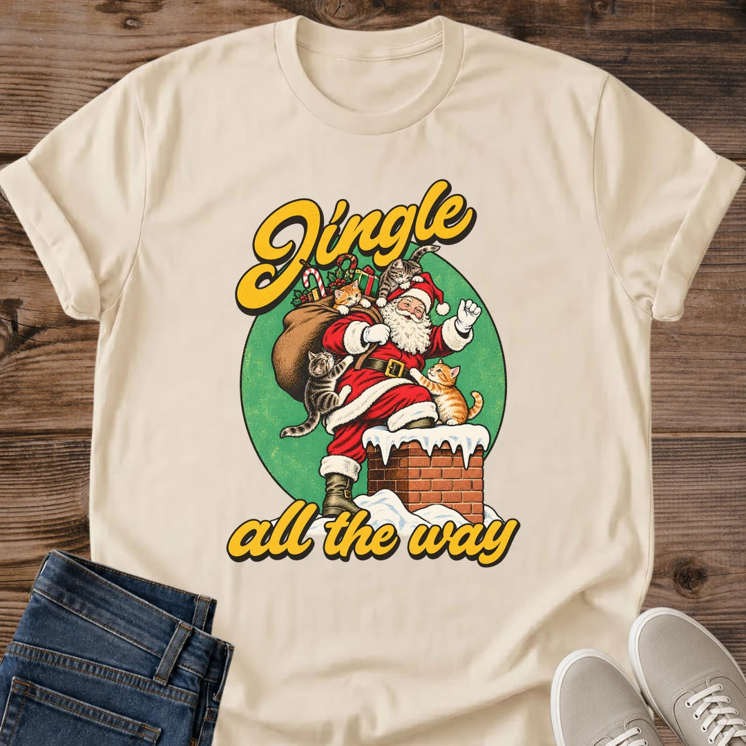 Sand Jingle All the Way Christmas cat graphic T-shirt with nostalgic Santa and cats illustration