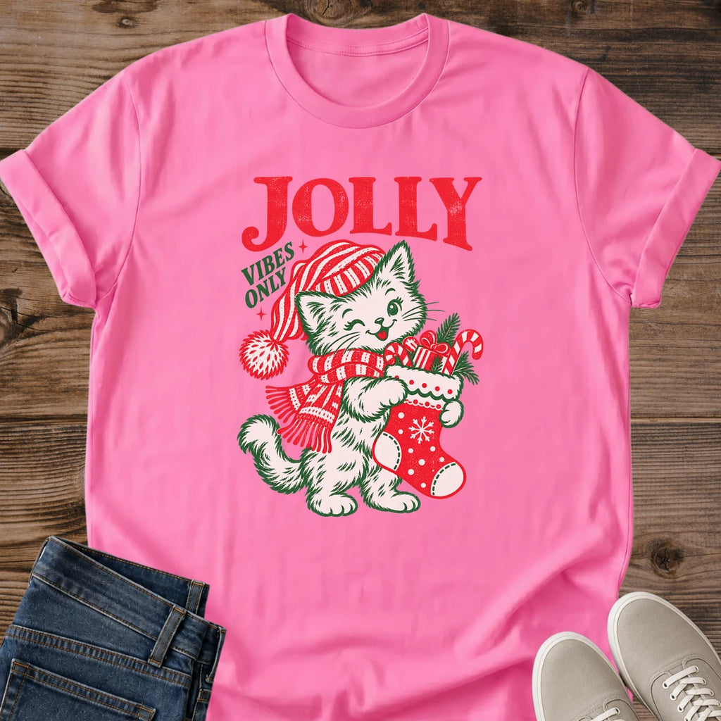 Azalea pink Jolly Vibes Only cat Christmas T-shirt with a vintage-style cat in a striped winter hat and cheerful seasonal design