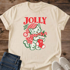 Sand Jolly Vibes Only Christmas cat shirt featuring a festive cat in a striped winter hat and nostalgic holiday illustration