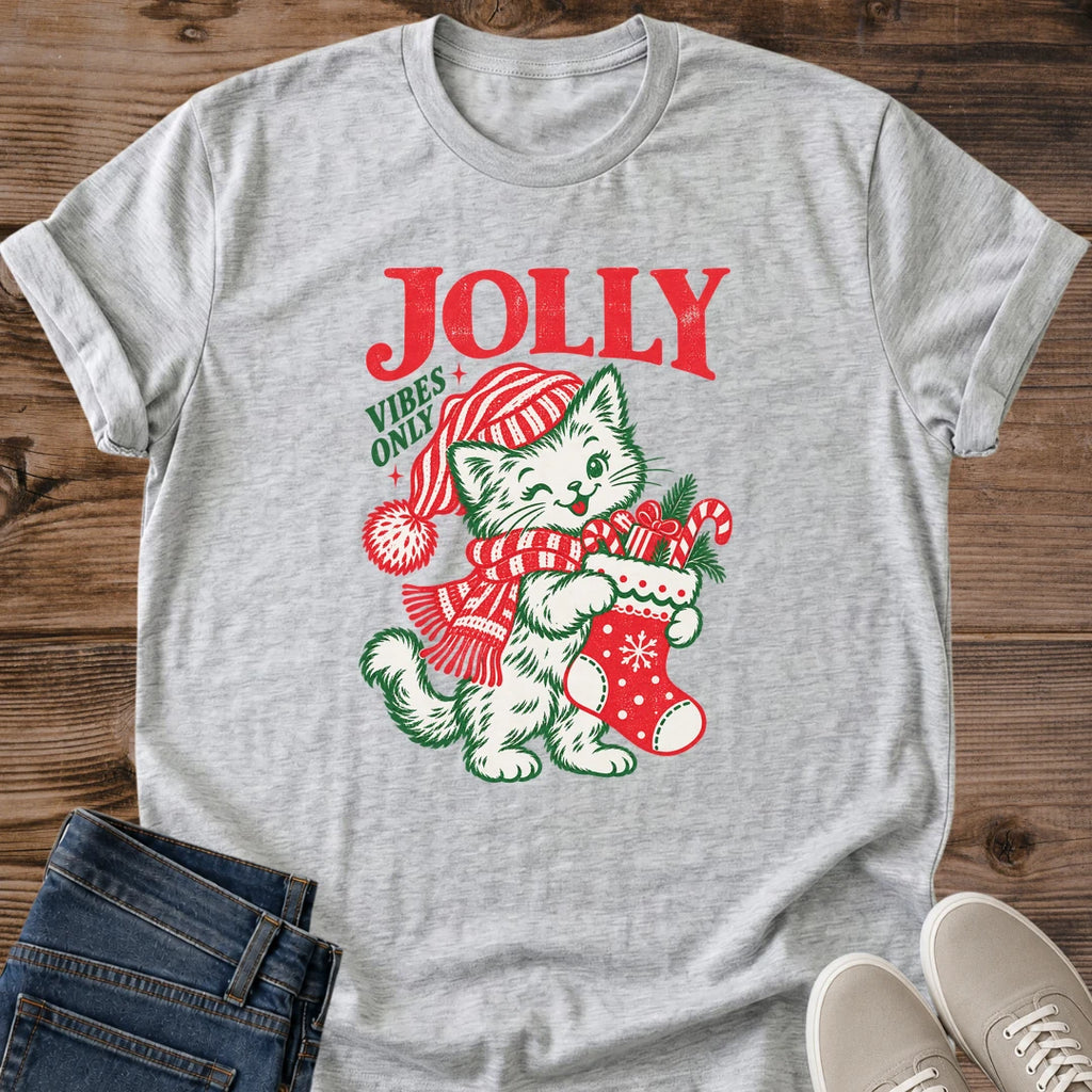 Sport grey Jolly Vibes Only Christmas cat T-shirt with vintage-inspired festive cat wearing a striped winter hat and holiday graphic
