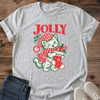 Sport grey Jolly Vibes Only Christmas cat T-shirt with vintage-inspired festive cat wearing a striped winter hat and holiday graphic