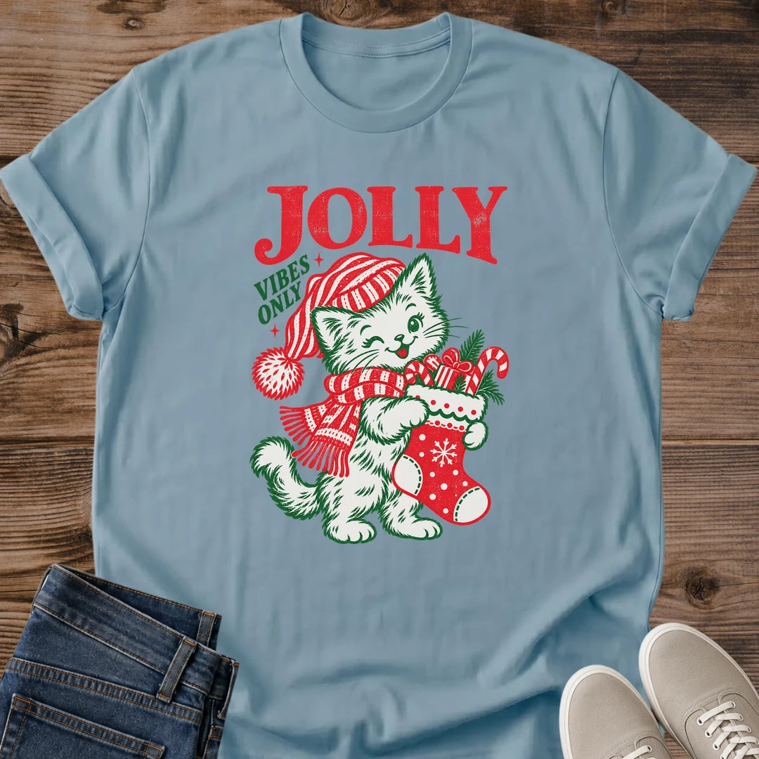Stone blue Jolly Vibes Only Christmas cat lover tee with retro festive cat graphic and striped winter hat