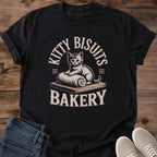 Soft Cotton Cat Tee Comfortable Everyday Wear Vintage Bakery Design Lightweight Breathable Shirt Casual Style Essential Cat Graphic Apparel Crew Neck Fit Whimsical Kitty Theme Perfect Cat Lover Present Cozy Home Outfit Muted Vintage Tones