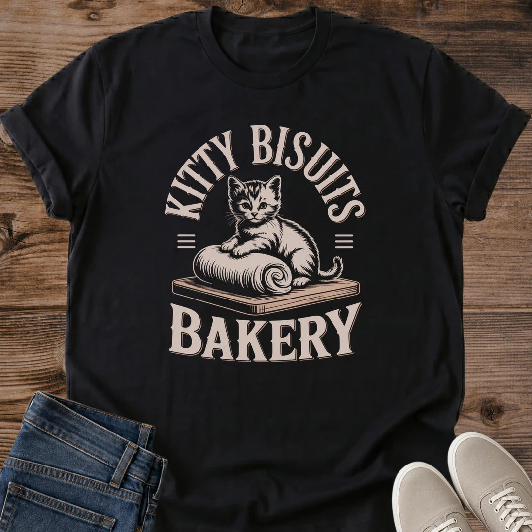 Soft Cotton Cat Tee Comfortable Everyday Wear Vintage Bakery Design Lightweight Breathable Shirt Casual Style Essential Cat Graphic Apparel Crew Neck Fit Whimsical Kitty Theme Perfect Cat Lover Present Cozy Home Outfit Muted Vintage Tones