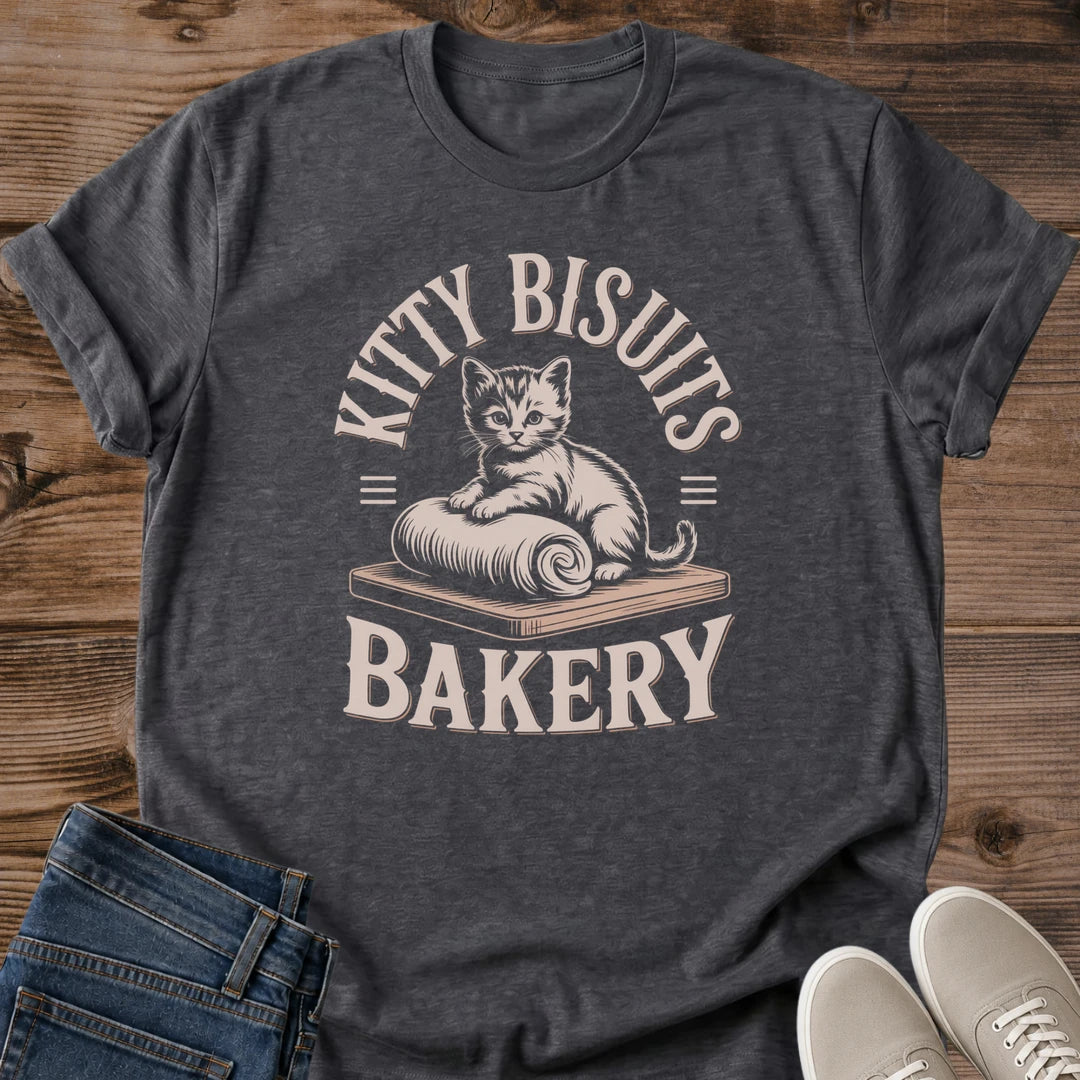 Cat Graphic Tee Vintage Bakery Design Soft Cotton Shirt Perfect Cat Lover Gift Comfortable Casual Wear Crew Neck Style Whimsical Kitty Biscuits Theme Lightweight Breathable Fabric Cute Cat Illustration Everyday Outfit Essential Cozy Home