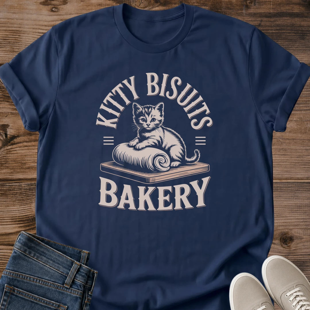 Vintage Cat Shirt Bakery Design Theme Soft Cotton Graphic Tee Retro Style Apparel Kitty Biscuits Illustration Comfortable Casual Wear Lightweight Fabric Construction Cat Lover Gift Idea Crew Neck Silhouette Everyday Fashion Essential Cozy
