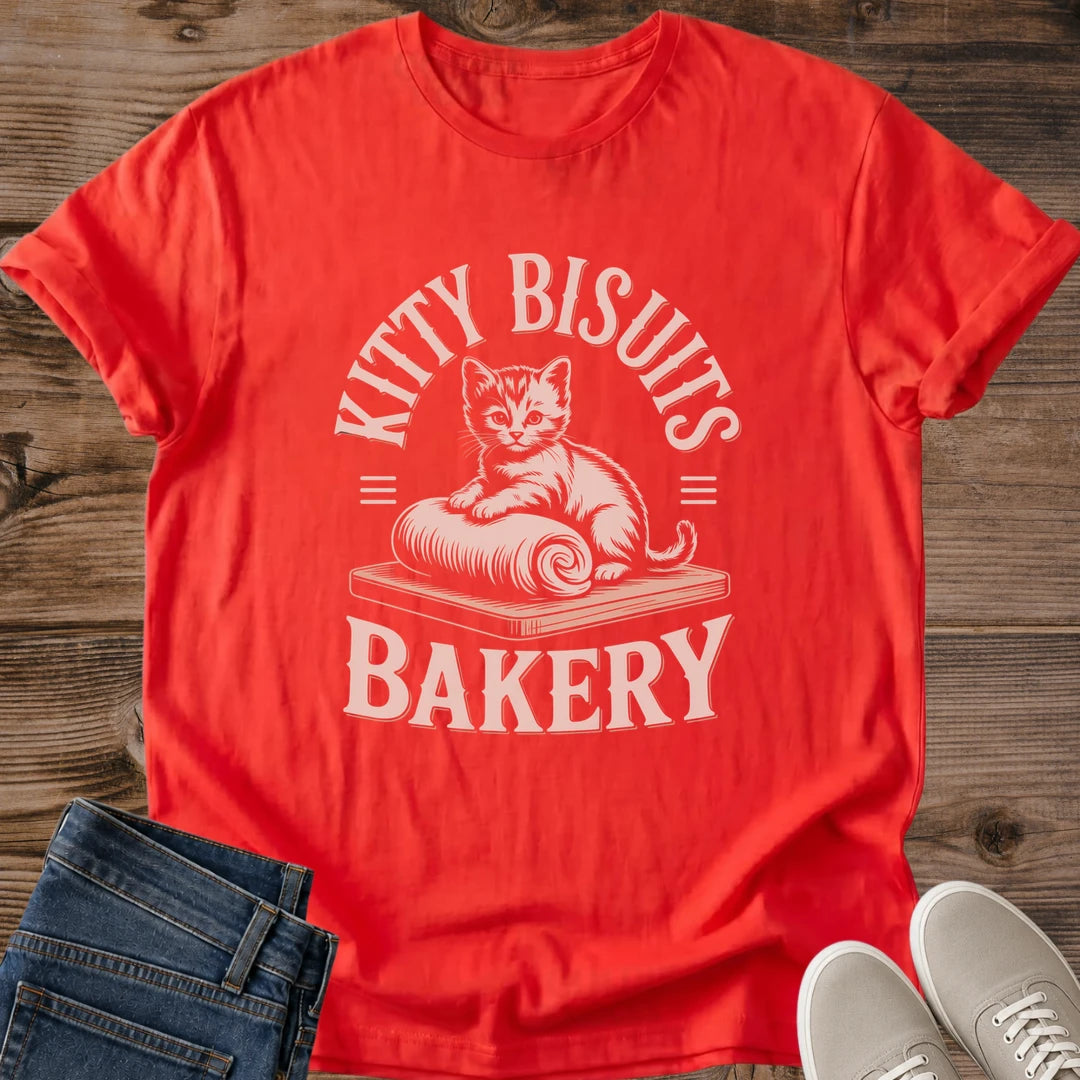 Cat Lover Apparel Vintage Bakery Graphic Tee Soft Cotton Shirt Kitty Biscuits Design Comfortable Casual Wear Crew Neck Style Perfect Cat Owner Gift Lightweight Everyday Fashion Whimsical Cat Illustration Cozy Home Outfit Muted Vintage Tones