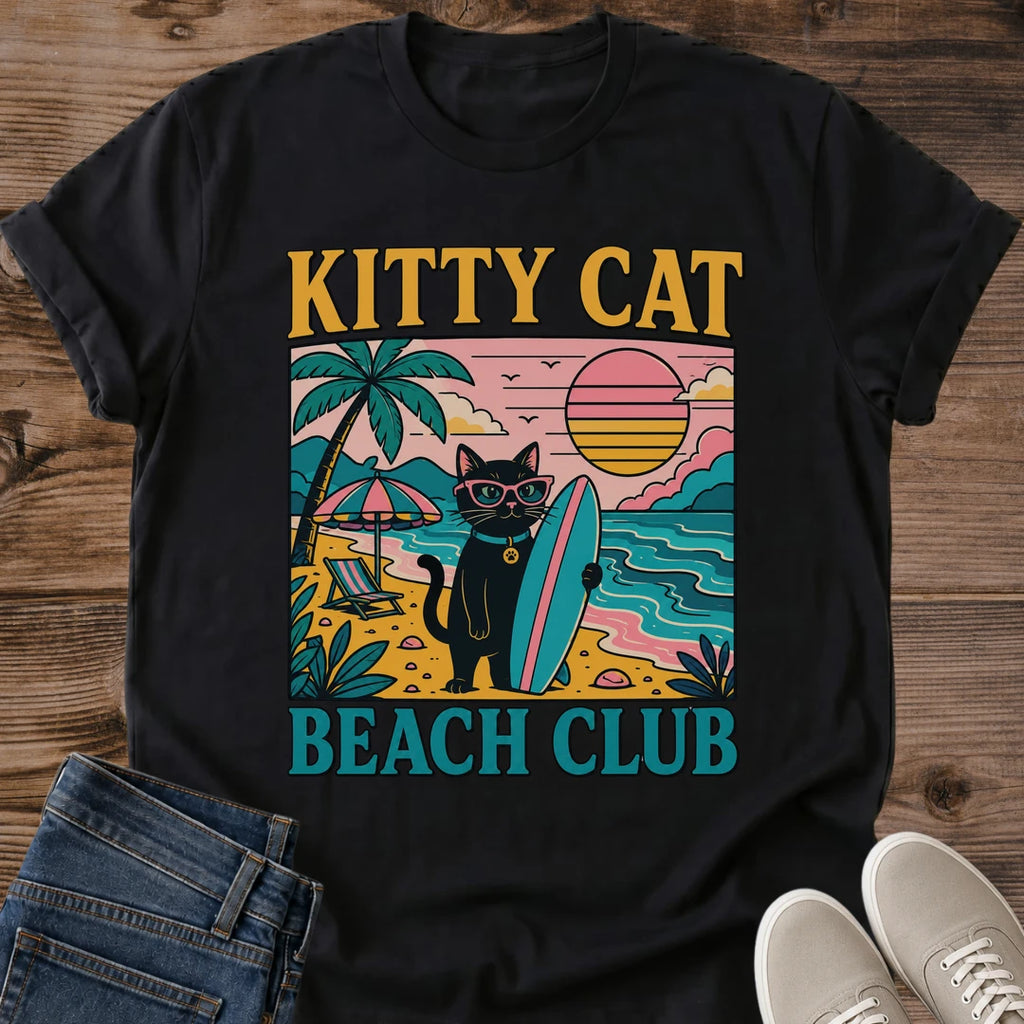 Beach Vacation Shirt Summer Cat Design Retro Surf Club Tee Unisex White Cotton Graphic Shirt Black Cat Pink Sunglasses Illustration Teal Surfboard Style Vintage Sunset Graphics Cat Lover Casual Wear Funny Beach Theme Apparel Soft