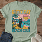 Unisex Cat Shirt Beach Surf Design Retro Graphic Tee White Cotton Casual Wear Black Cat Pink Sunglasses Style Teal Surfboard Illustration Vintage Sunset Graphics Summer Beach Theme Cat Lover Gift Idea Funny Novelty Apparel Soft Lightweight