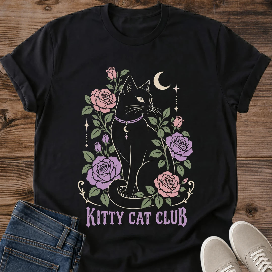 Kitty Cat Club Shirt Black Witchy Black Cat Tee Celestial Cat With Roses And Crescent Moon Graphic Whimsigoth Floral Cat Shirt Pastel Goth Tee Spooky Season Cat Gift Cat Mom Shirt Gildan 64000 Softstyle Unisex Cat Whisker Co