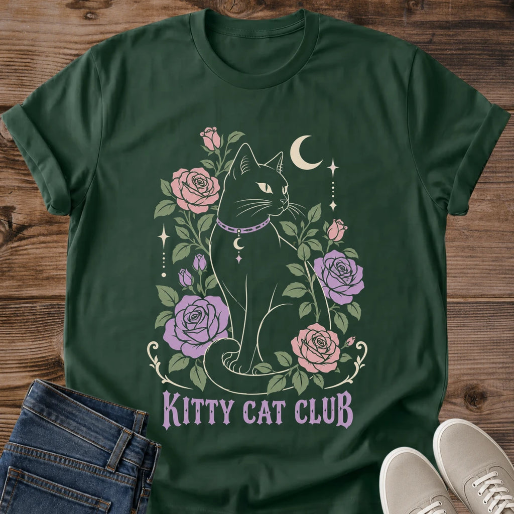 Celestial Cat Shirt Kitty Cat Club Witchy Tee Hand Drawn Black Cat Framed By Roses Crescent Moon Sparkles Graphic Cat Owner Shirt Gift For Cat Lovers Dark Romantic Floral Tee Gothic Cat Shirt Unisex Ringspun Cotton Shirt Cat Whisker Co