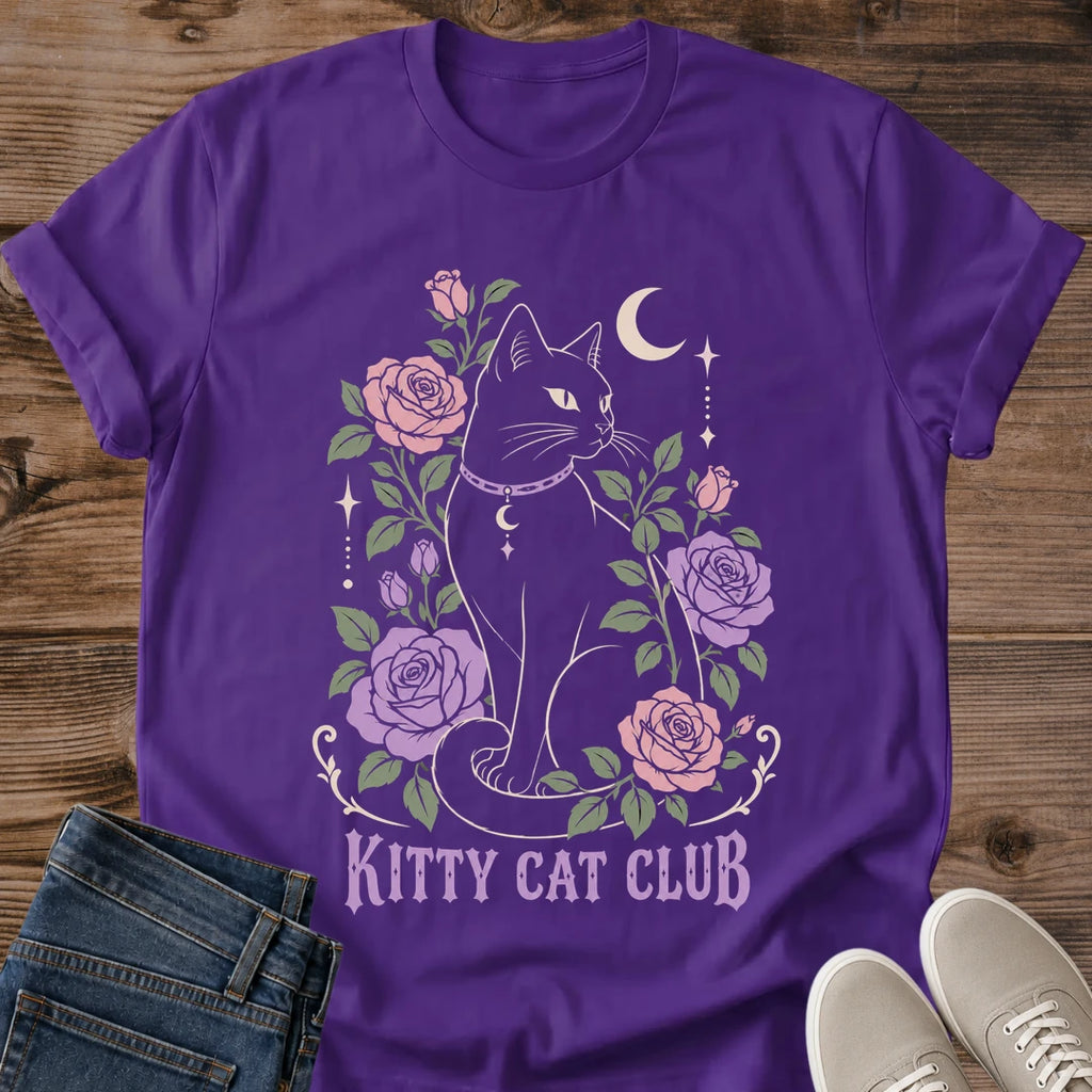 Witchy Cat Shirt Kitty Cat Club Tee Black Cat In Lavender And Pink Rose Garden Illustration Moon And Stars Design Celestial Cat Mom Shirt Cat Owner Gift For Her Halloween Cat Tee Mystical Soft Cotton Unisex Shirt Cat Whisker Co