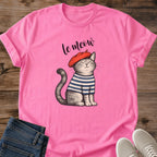 Cute French Cat Graphic Tee Le Meow Beret Striped Shirt Print Illustrated Aesthetic Cat Owner Shirt Gift For Cat Lovers Softstyle Cotton Comfortable Relaxed Fit Statement Piece Everyday Casual Wear Apparel Gift Idea