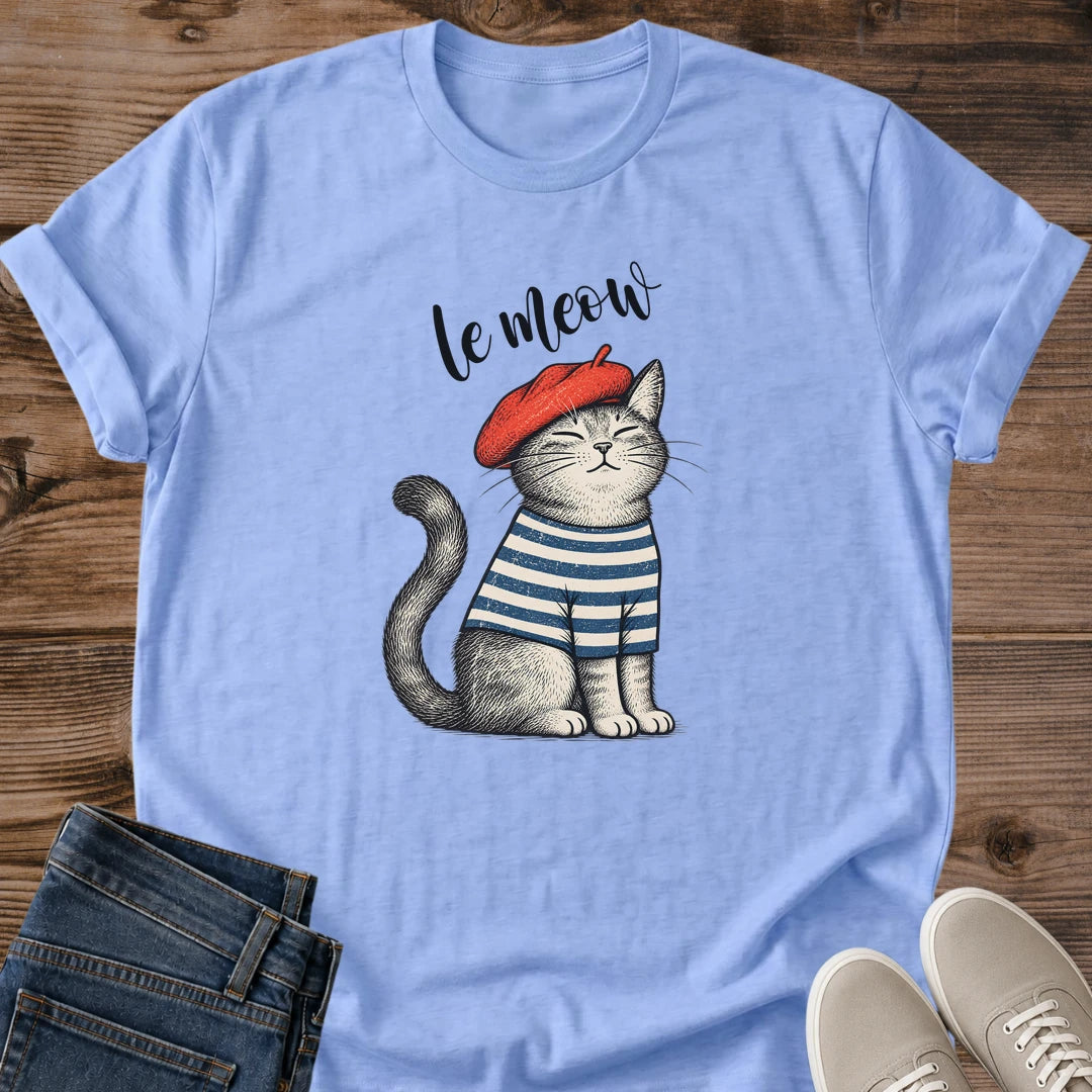 Le Meow Shirt French Cat Beret Striped Shirt Tee Cute Cat Lover Gift Idea Softstyle Ring Spun Cotton Relaxed Fit Everyday Casual Wear Illustrated Print Cat Owner Apparel Statement Piece Lightweight Layering For Home