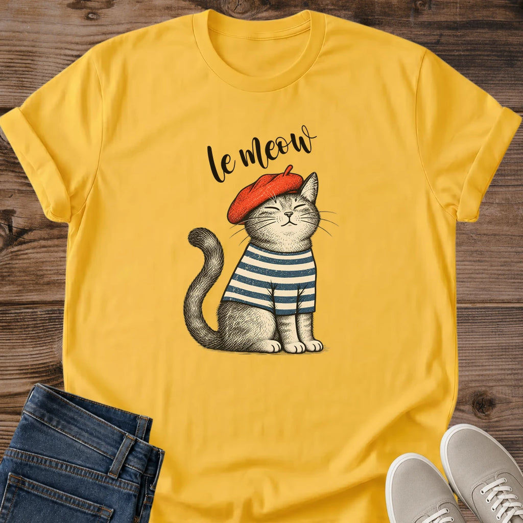 Parisian Cat Shirt Le Meow Beret Cat Graphic Tee Cute Gift Idea Ring Spun Cotton Soft Breathable Fabric Relaxed Unisex Fit Illustrated Print Design Cat Person Apparel Casual Everyday Wear Statement Piece Great Gift