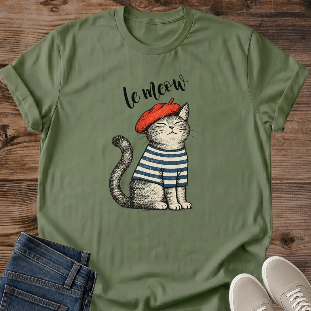 Vintage Cat Lover Tee Le Meow French Beret Cat Design Cotton Cat Mom Gift Shirt Parisian Aesthetic Softstyle Ring Spun Fabric Relaxed Retail Fit Casual Weekend Layering Statement Piece Everyday Wear For Home And Away