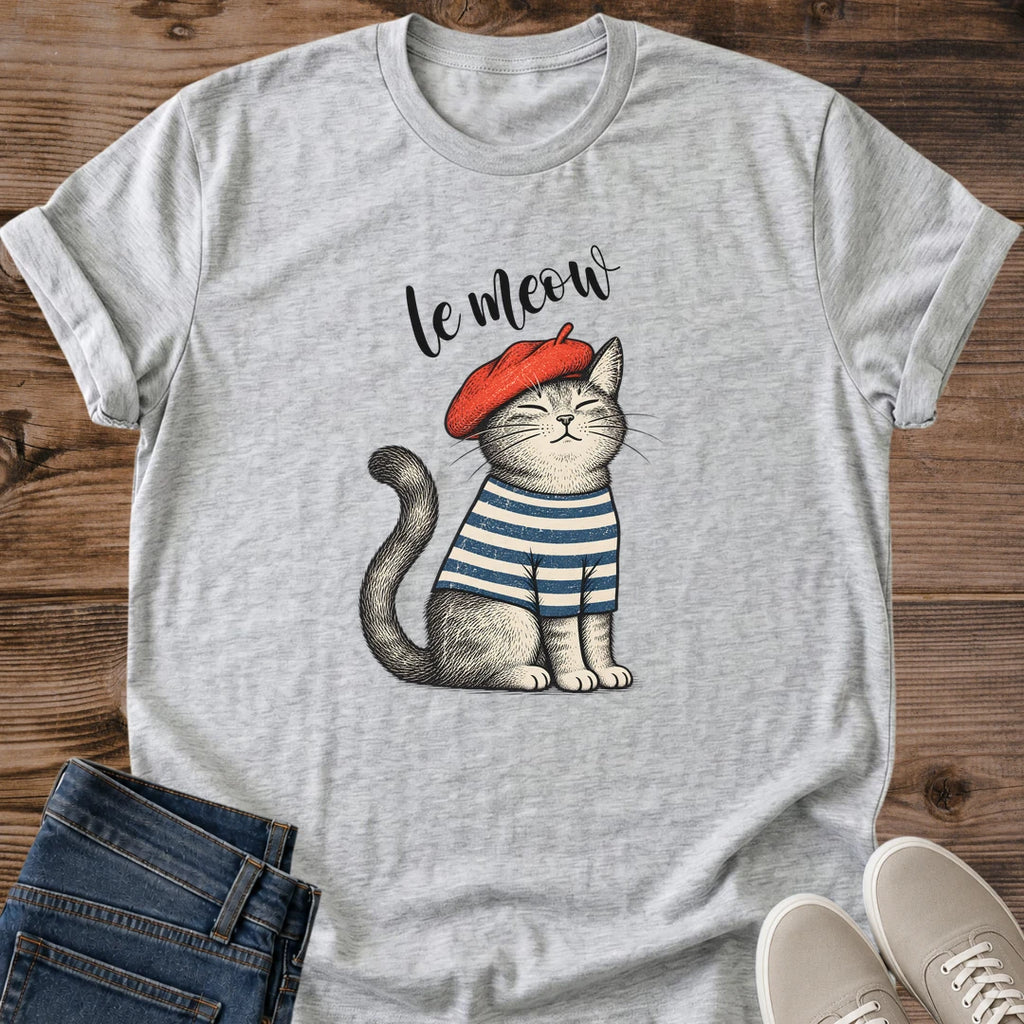 Le Meow Shirt French Cat Beret Striped Shirt Tee Cute Cat Lover Gift Idea Softstyle Ring Spun Cotton Relaxed Fit Everyday Casual Wear Illustrated Print Cat Owner Apparel Statement Piece Lightweight Layering For Home