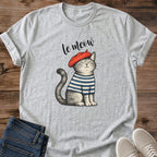 Le Meow Shirt French Cat Beret Striped Shirt Tee Cute Cat Lover Gift Idea Softstyle Ring Spun Cotton Relaxed Fit Everyday Casual Wear Illustrated Print Cat Owner Apparel Statement Piece Lightweight Layering For Home