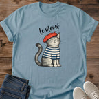Parisian Cat Shirt Le Meow Beret Cat Graphic Tee Cute Gift Idea Ring Spun Cotton Soft Breathable Fabric Relaxed Unisex Fit Illustrated Print Design Cat Person Apparel Casual Everyday Wear Statement Piece Great Gift