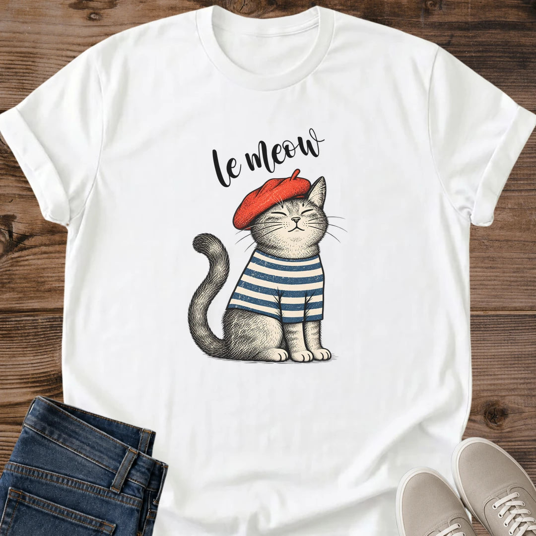 French Cat Tee Le Meow Beret Striped Shirt Design Cute Cat Lover Gift For Her Softstyle Cotton Comfortable Relaxed Fit Casual Weekend Wear Illustrated Print Cat Mom Statement Apparel Everyday Layering Piece For Fun