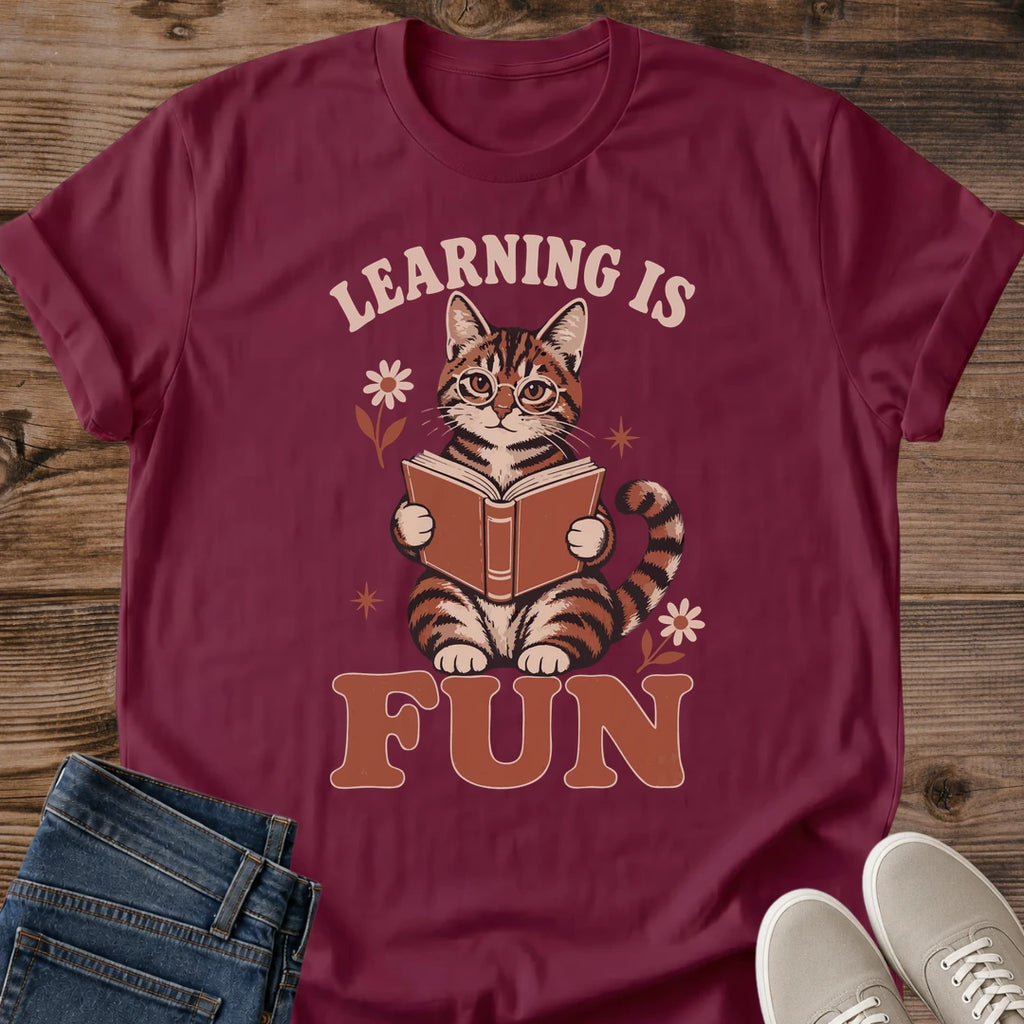 Retro Cat Tee Vintage Reading Book Design Graphic Shirt For Book Lover Teacher Gift Soft Fabric Lightweight Style Casual Wear Literary Apparel Cozy Reading Outfit Bookworm Clothing Tabby Cat Illustration Earth Tone Colors Nostalgic Design