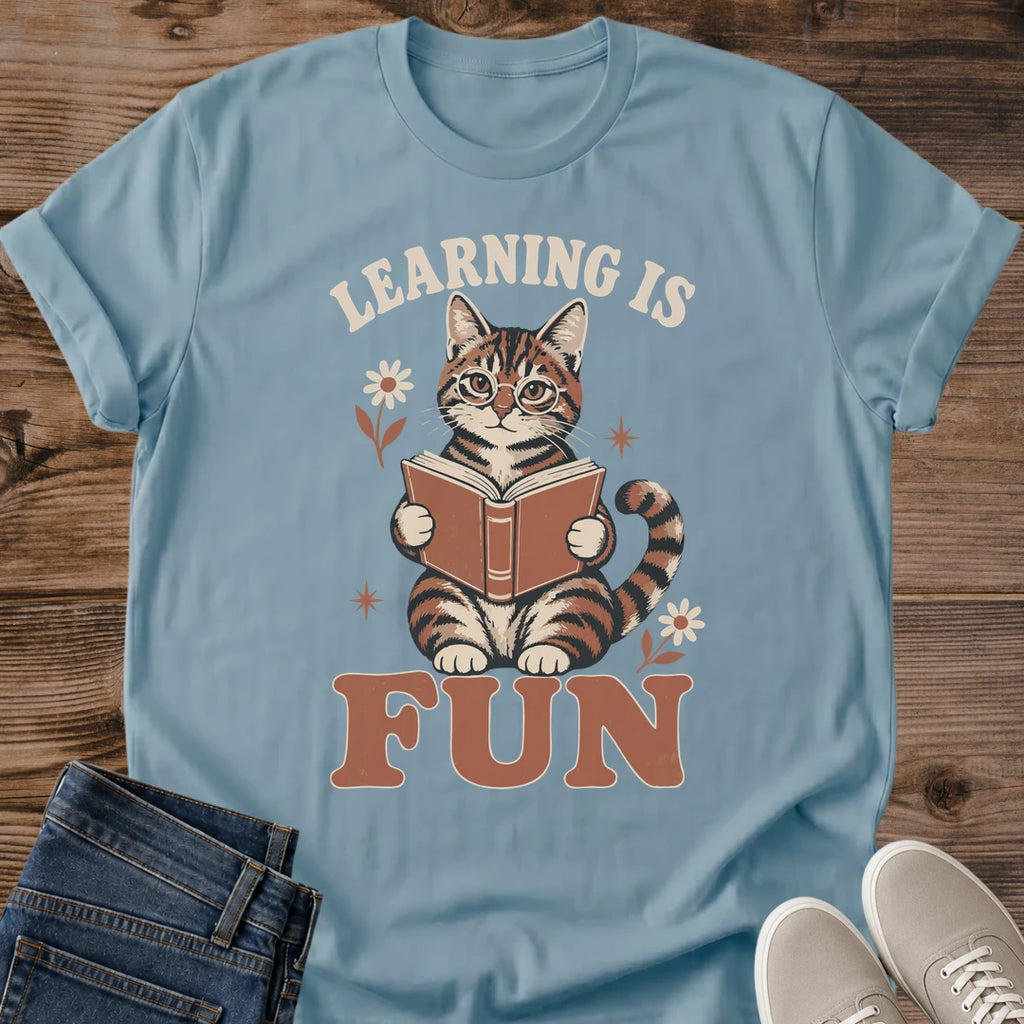 Vintage Cat Reading Book Shirt Retro Design Graphic Tee For Book Lover Gift Teacher Appreciation Present Soft Fabric Lightweight Material Cozy Style Casual Wear Bookworm Apparel Literary Theme Clothing Tabby Cat Illustration Earth Tone