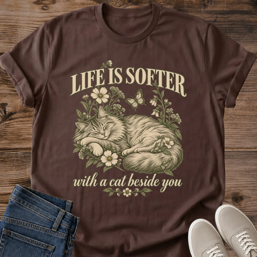Cat Lover Gift Life Is Softer With A Cat Shirt Sentimental Cat Tee Vintage Sleeping Cat Graphic Birthday Gift For Cat Owner Mothers Day Cat Gift Christmas Gift For Cat Mom Cat Person Tee Gildan Softstyle Cotton Tee Cat Whisker Co