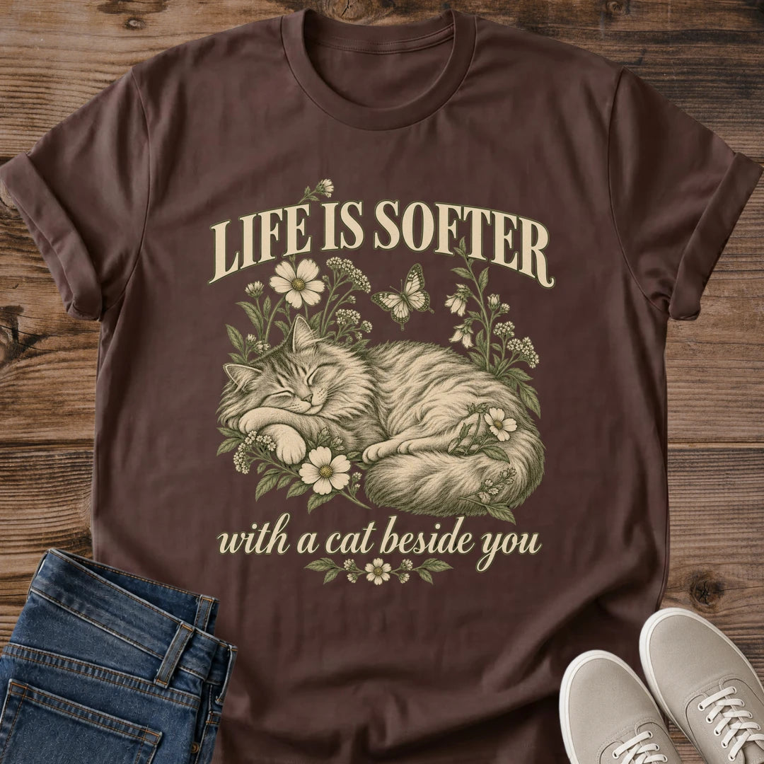 Cat Lover Gift Life Is Softer With A Cat Shirt Sentimental Cat Tee Vintage Sleeping Cat Graphic Birthday Gift For Cat Owner Mothers Day Cat Gift Christmas Gift For Cat Mom Cat Person Tee Gildan Softstyle Cotton Tee Cat Whisker Co