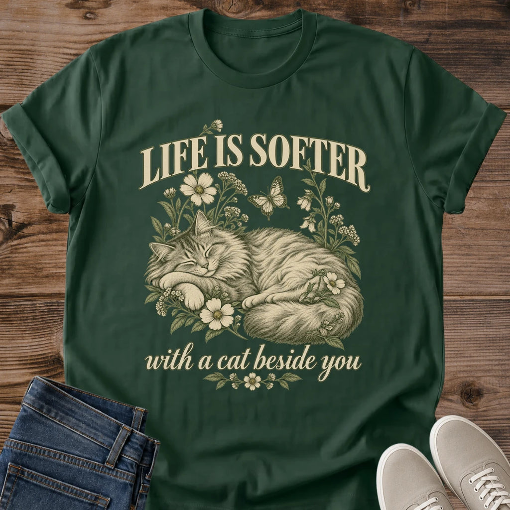 Cat Quote Shirt Life Is Softer Cat Mom Tee Cozy Cat Gift Vintage Floral Sleeping Cat Design Cat Shirt For Women And Men Cat Dad Gift Holiday Gift For Cat Owner Better With Cats Tee Gentle Cat Art Soft Cotton Unisex Tee Cat Whisker Co