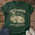 Cat Quote Shirt Life Is Softer Cat Mom Tee Cozy Cat Gift Vintage Floral Sleeping Cat Design Cat Shirt For Women And Men Cat Dad Gift Holiday Gift For Cat Owner Better With Cats Tee Gentle Cat Art Soft Cotton Unisex Tee Cat Whisker Co