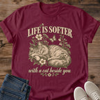 Cat Lover Gift Life Is Softer With A Cat Shirt Sentimental Cat Tee Vintage Sleeping Cat Graphic Birthday Gift For Cat Owner Mothers Day Cat Gift Christmas Gift For Cat Mom Cat Person Tee Gildan Softstyle Cotton Tee Cat Whisker Co