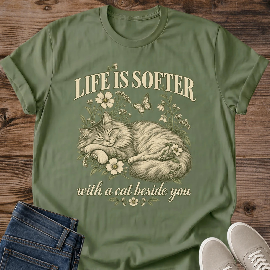 Cozy Cat Shirt Life Is Softer Tee Sleeping Long Haired Cat With Butterflies And Blooms Illustration Cream Ink Script Lettering Cat Lover Quote Shirt Cat Owner Gift For Her Cat Dad Tee Soft Cotton Unisex Shirt Cat Whisker Co