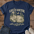 Cozy Cat Shirt Life Is Softer Tee Sleeping Long Haired Cat With Butterflies And Blooms Illustration Cream Ink Script Lettering Cat Lover Quote Shirt Cat Owner Gift For Her Cat Dad Tee Soft Cotton Unisex Shirt Cat Whisker Co