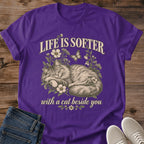 Sleeping Cat Shirt Life Is Softer With A Cat Beside You Tee Hand Drawn Fluffy Cat Nap Botanical Graphic Cat Owner Shirt Gift For Cat Lovers Cottagecore Quote Tee Comfort Cat Shirt Unisex Ringspun Cotton Shirt Cat Whisker Co