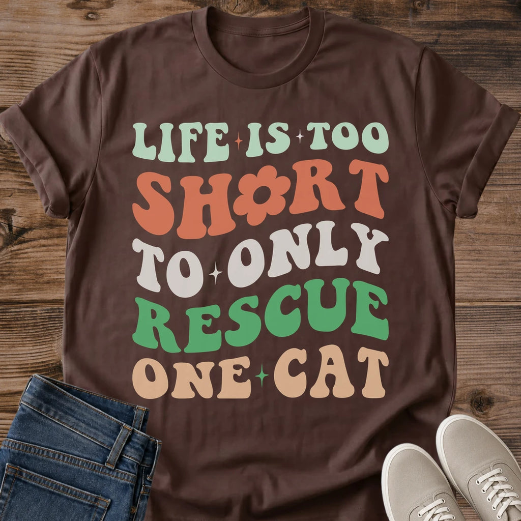 Cat Lover Gift Shirt Funny Multi Cat Owner Tee Retro Groovy Design Typography Style Wavy Text Pattern Rescue Philosophy Statement Sage Green Coral White Palette Cat Mom Dad Present Casual Wear Vintage Fashion Animal Shelter Volunteer