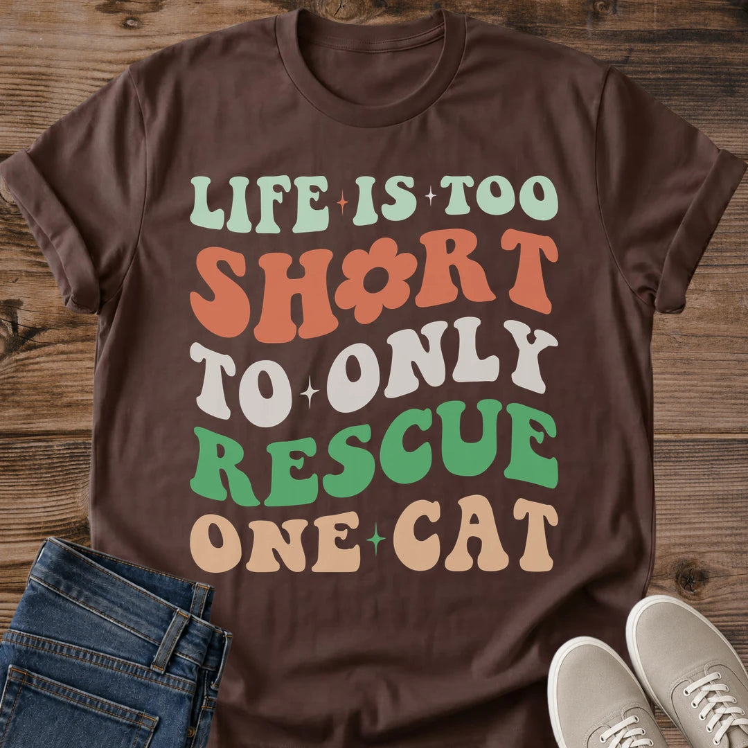 Cat Lover Gift Shirt Funny Multi Cat Owner Tee Retro Groovy Design Typography Style Wavy Text Pattern Rescue Philosophy Statement Sage Green Coral White Palette Cat Mom Dad Present Casual Wear Vintage Fashion Animal Shelter Volunteer