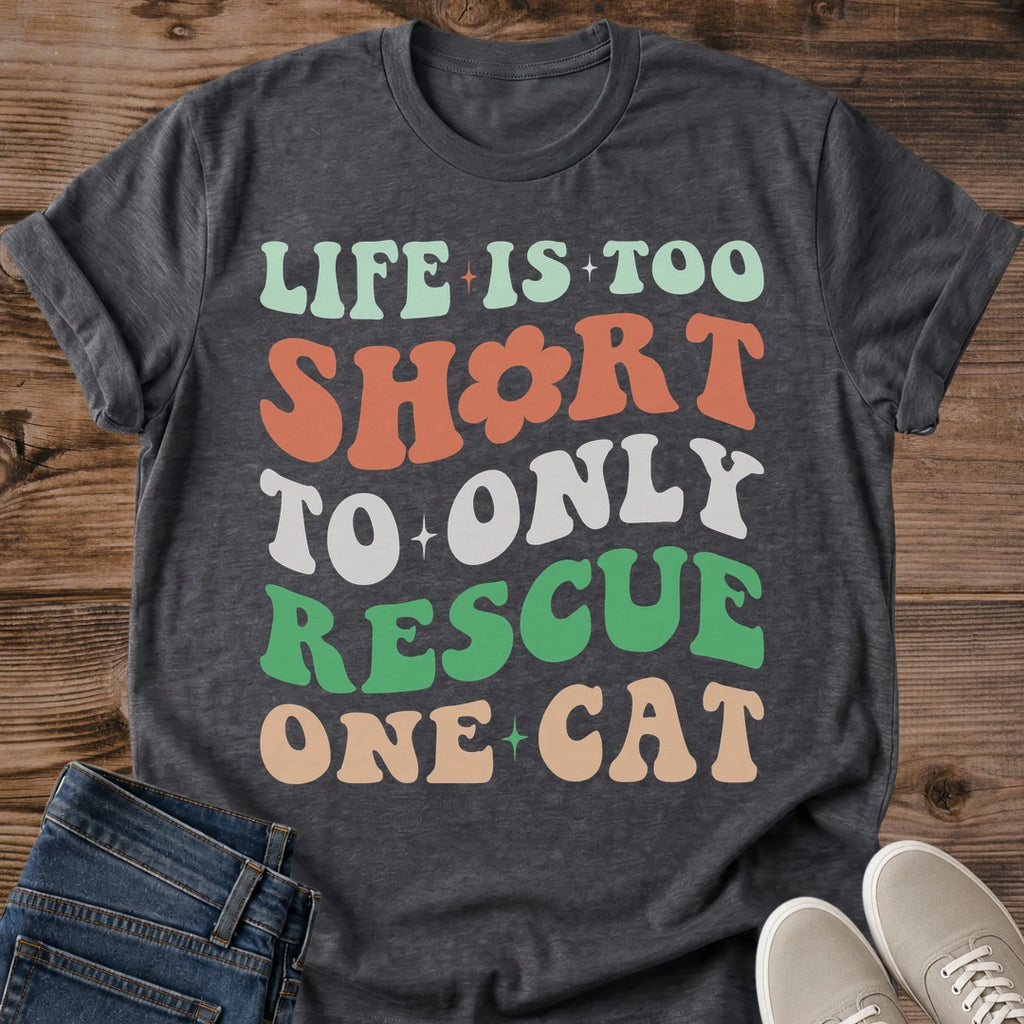 Cat Rescue Advocate Shirt Funny Multi Cat Household Tee Retro Groovy Typography Wavy Text Design Vintage Style Fashion Sage Green Coral White Colors Cat Lover Apparel Casual Wear Gift Animal Shelter Volunteer Shirt Cat Mom Dad Statement
