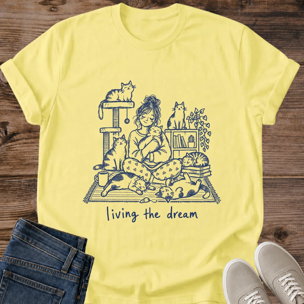 Multi Cat Mom Shirt Living The Dream Tee Girl In Pajamas Cuddling Cats With Cat Tree Books And Coffee Illustration Hand Drawn Navy Ink Design Cat Owner Gift For Her Cozy Weekend Tee Crowd Of Cats Soft Cotton Unisex Shirt Cat Whisker Co
