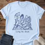 Living The Dream Cat Shirt White Cozy Cat Mom Tee Woman Surrounded By Many Cats Line Art Graphic Multi Cat Household Shirt Homebody Cat Lover Gift Pajama Day Tee Cat Tree And Plants Gildan 64000 Softstyle Unisex Cat Whisker Co