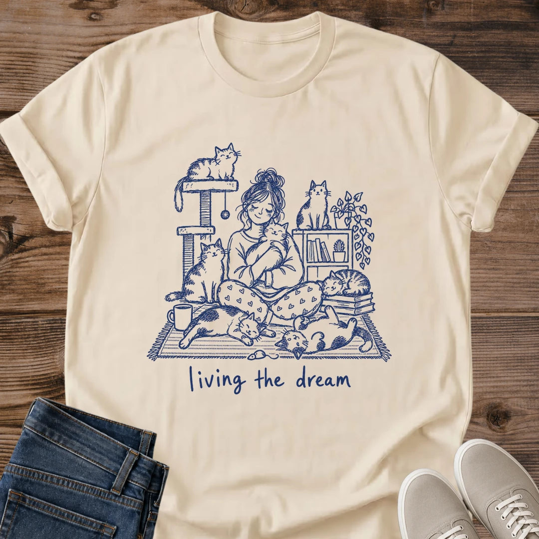 Cozy Cat Life Shirt Living The Dream Funny Cat Tee Hand Drawn Woman With A Houseful Of Cats Sketch Fine Line Illustration Cat Owner Shirt Gift For Cat Lovers Stay Home Tee Cat Tree Lover Shirt Unisex Ringspun Cotton Shirt Cat Whisker Co