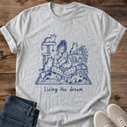 Living The Dream Cat Shirt White Cozy Cat Mom Tee Woman Surrounded By Many Cats Line Art Graphic Multi Cat Household Shirt Homebody Cat Lover Gift Pajama Day Tee Cat Tree And Plants Gildan 64000 Softstyle Unisex Cat Whisker Co