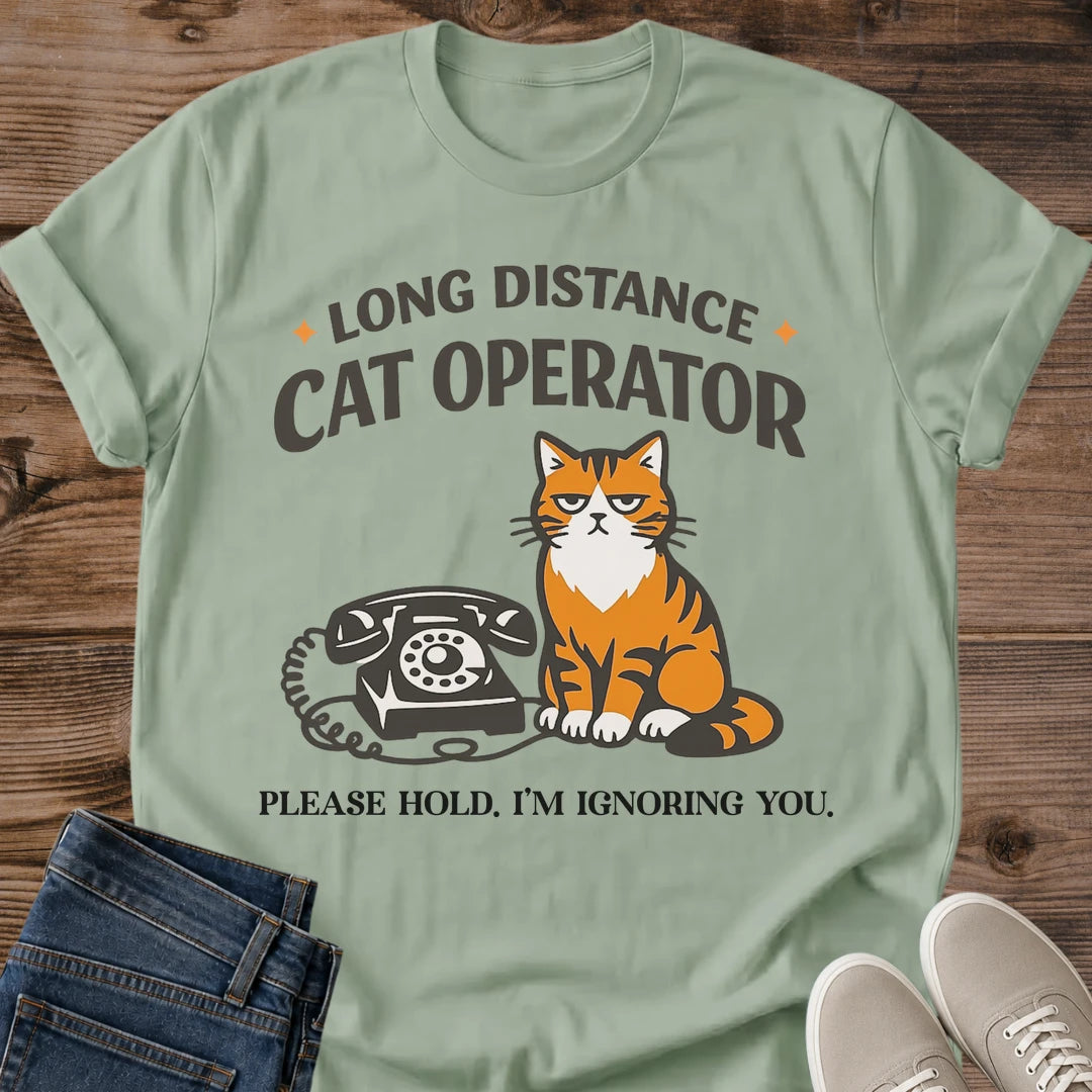 Funny Cat Owner Shirt Graphic Tee Design Grumpy Orange Cat Print Vintage Telephone Humor Long Distance Pet Parent Gift Perfect Cat Lover Present Soft Comfortable Cotton Fabric Casual Everyday Wear Relaxed Fit Style Breathable Lightweight