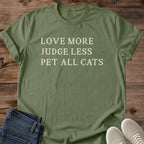 Cat Lover Gift Love More Judge Less Pet All Cats Tee Simple Cat Quote Shirt Kindness Gift Birthday Gift For Cat Owner Christmas Gift For Cat Mom Positive Vibes Tee Cat Person Shirt Understated Text Tee Gildan Softstyle Cotton Tee Cat Whisker Co