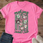 Social Club Graphic Tee Mahjong Cat Shirt Vintage Matchbox Design Soft Comfortable Fabric Casual Wear Essential Perfect Game Player Gift Night Out Outfit Green Stripe Pattern Playful Tile Illustration Tabletop Culture Shirt Retro Style