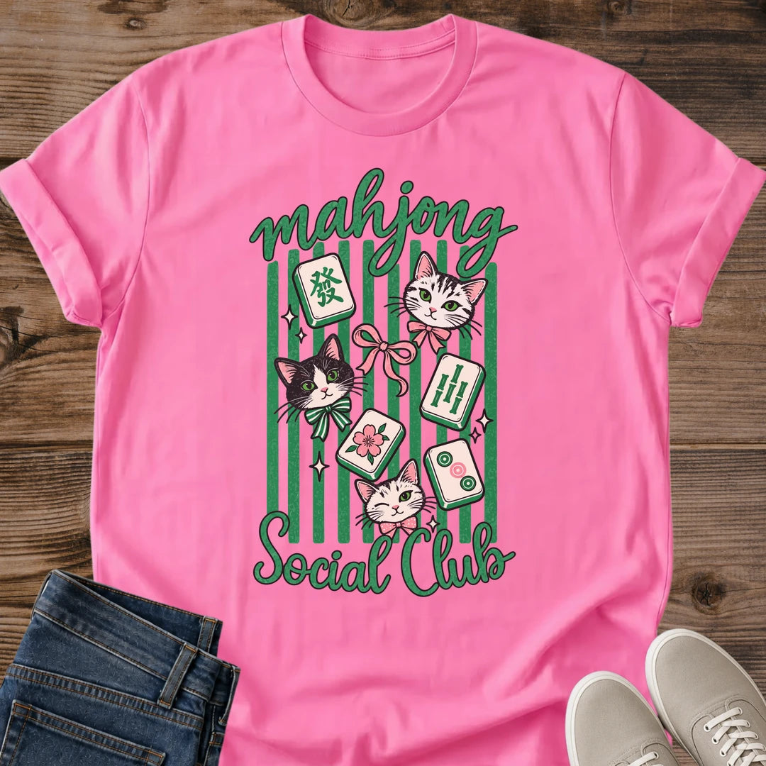 Social Club Graphic Tee Mahjong Cat Shirt Vintage Matchbox Design Soft Comfortable Fabric Casual Wear Essential Perfect Game Player Gift Night Out Outfit Green Stripe Pattern Playful Tile Illustration Tabletop Culture Shirt Retro Style