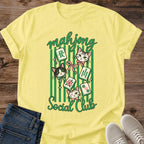Casual Comfort Shirt Mahjong Cat Design Vintage Style Tee Soft Fabric Essential Game Night Outfit Social Club Pattern Tabletop Player Gift Perfect Everyday Wear Green Stripe Illustration Retro Matchbox Design Playful Tile Pattern